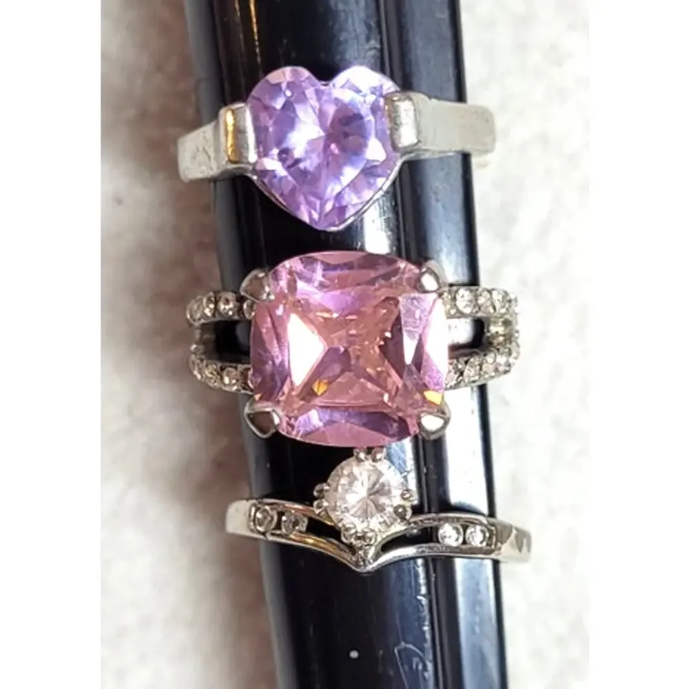 6 Pc Women's Rings Lot Size 7.5 - 8.5 Avon Rhinestone Cocktail Pink Purple